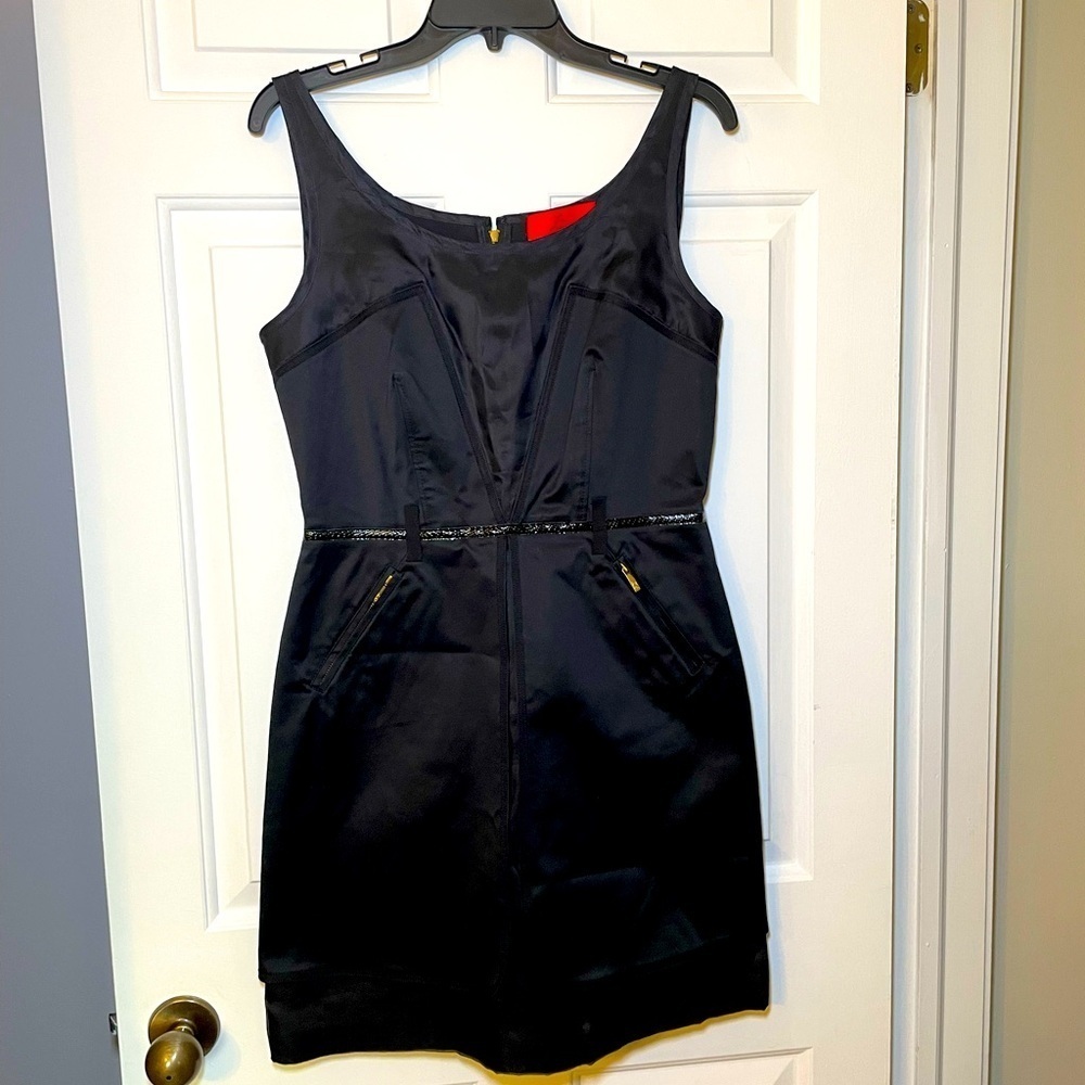 Zac Posen NY Woman’s Black Mini Dress Sz 10 Z Spoke Line Thin Straps Front Slit